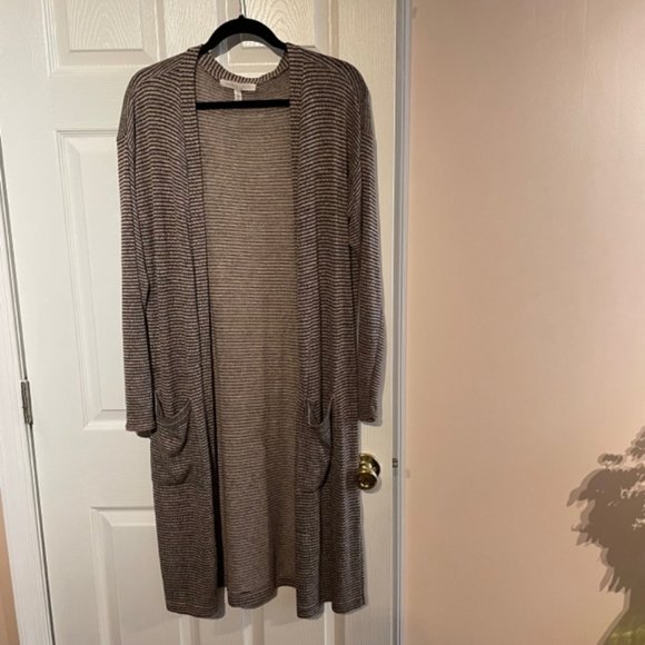 Women Long Striped Tan/Brown Cardigan - size L - Picture 1 of 14